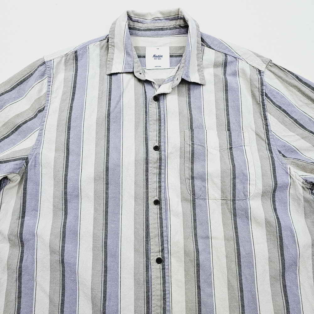 Katin Shirt Mens Large Striped Short Sleeve Button Up Cotton Linen Summer Beach - Picture 8 of 9